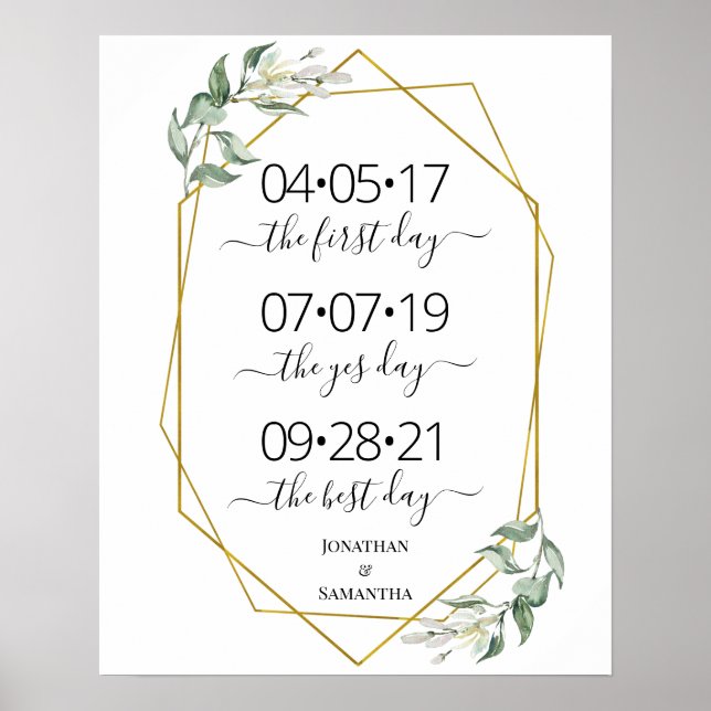 Best day wedding date yes day greenery gold sign (Front)