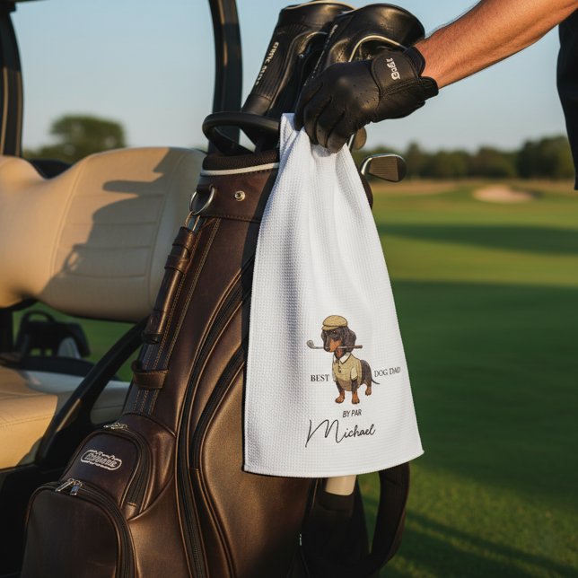 Best Dog By Par Dachshund Name Text Golf Towel (Creator Uploaded)