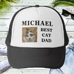 Best Dog Cat Dad Custom Photo Text Personalized Trucker Hat<br><div class="desc">Upload a photo, customize the text, and easily create your personalized trucker hat. Click CUSTOMIZE FURTHER to change the text colours. You can TRANSFER this DESIGN on other Zazzle products and adjust it to fit most of the Zazzle items. Standard Studio designs are made in high-resolution vector graphics for a...</div>