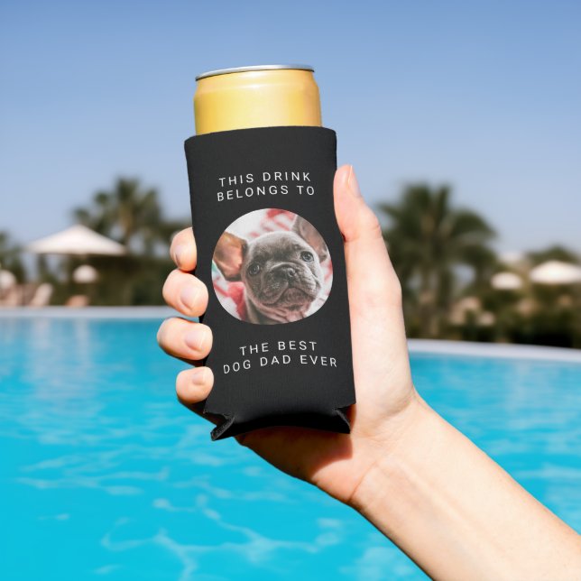 Best Dog Dad Ever Custom Text and 2 Photos Black Seltzer Can Cooler (In Situ Pool)
