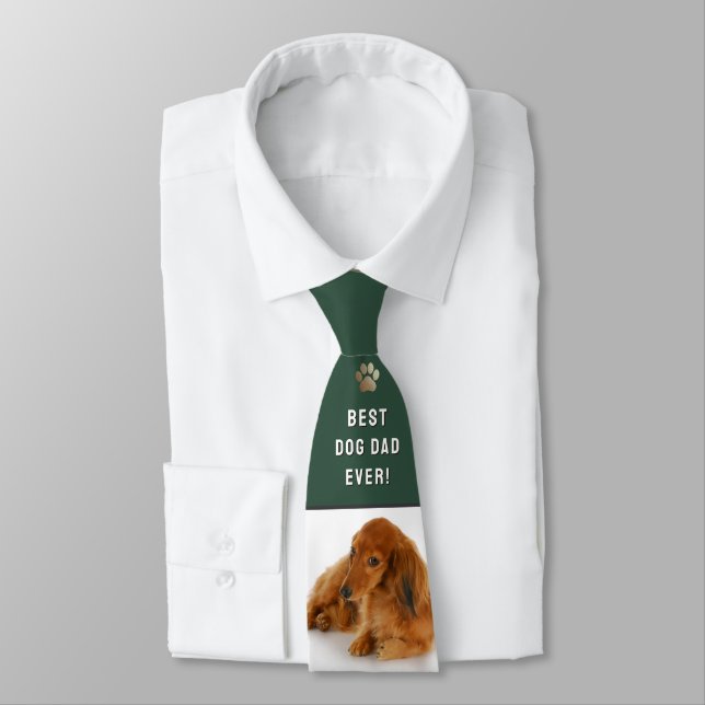 Best Dog Dad Ever Forest Green Custom Pet Photo Tie (Tied)