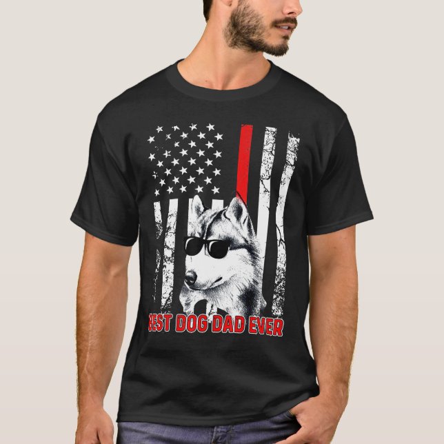 Best Dog Dad Ever Husky Dog Dad USA Flag Patriotic T-Shirt (Front)