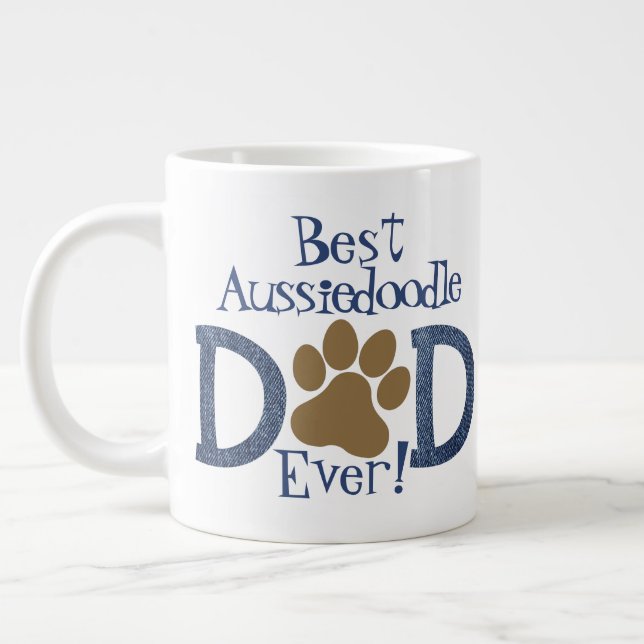 Best Dog Dad Ever, Paw Print & Denim, Photo Large Coffee Mug (Left)