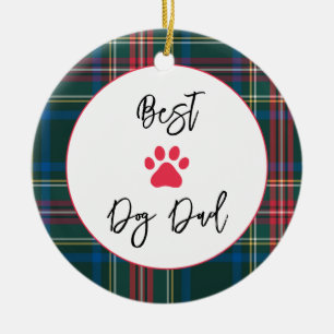 Best Dog Dad Love, Pet Name Paw Holiday Plaid Ceramic Ornament