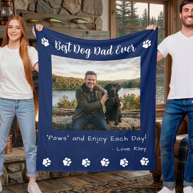 Best Dog Dad Paws Blue Pet Photo Fleece Blanket (Creator Uploaded)
