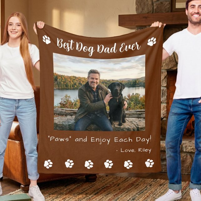 Best Dog Dad Paws Brown Pet Photo Fleece Blanket (Creator Uploaded)