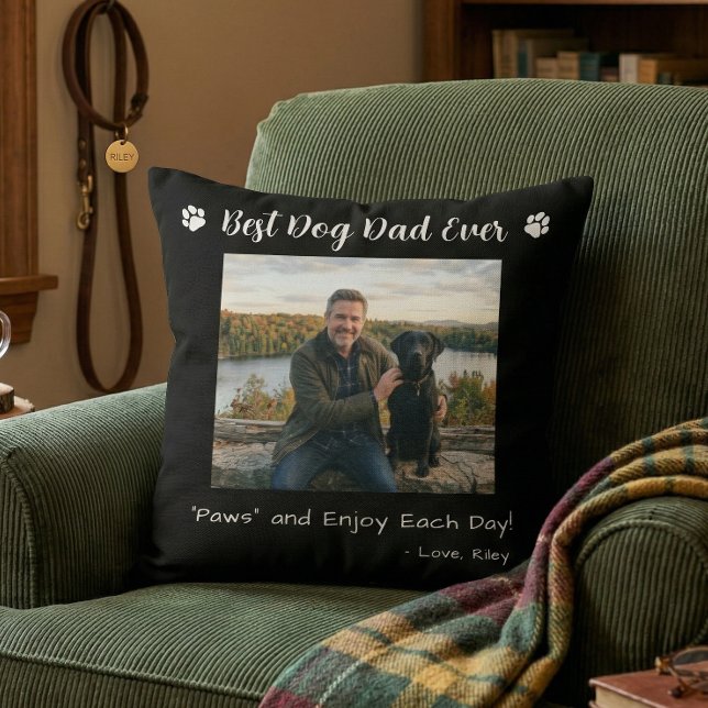 Best Dog Dad Paws Pet Photo Black Throw Pillow (Creator Uploaded)