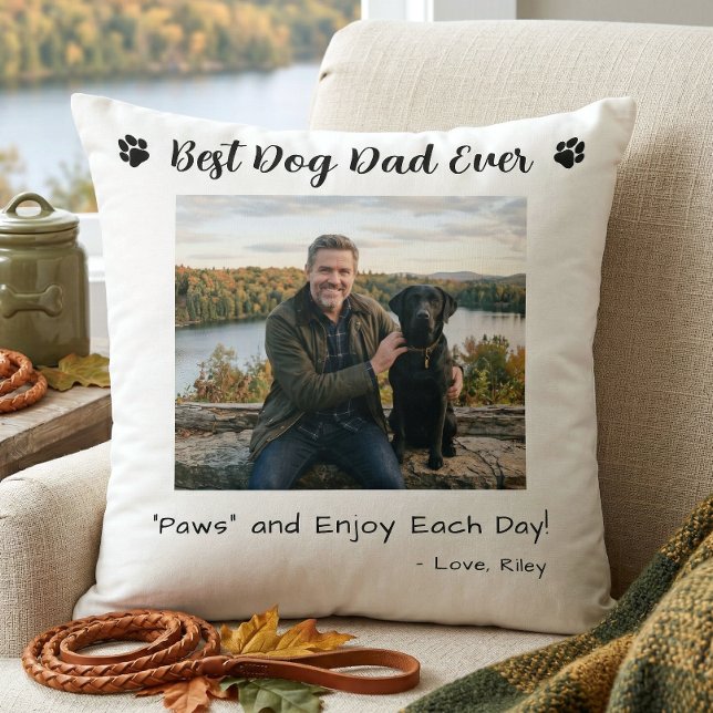 Best Dog Dad Paws Pet Photo White Throw Pillow (Creator Uploaded)