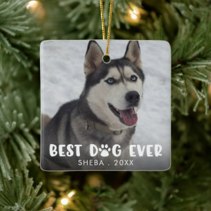 BEST DOG EVER Paw Print Personalized Photo Ceramic Ornament