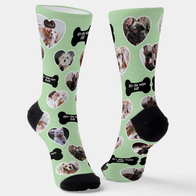 Best Dog Mom 16 Heart-Shaped Pet Photo Collage Socks (Angled)