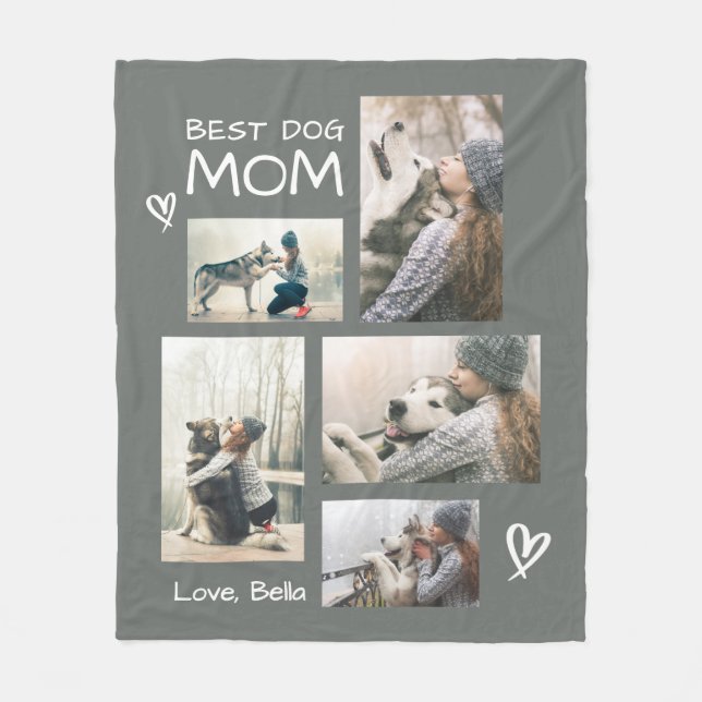Best Dog Mom 5 Photo Collage Cozy Fleece Blanket (Front)