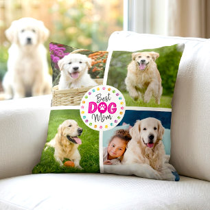 Best Dog Mom Custom 4 Photo Multicolor Paws Simple Throw Pillow