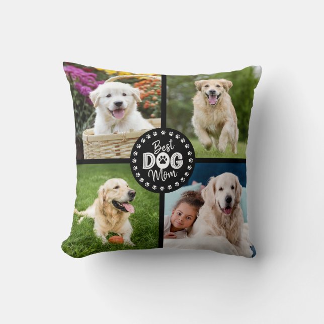 Best Dog Mom Custom 4 Photo Paws Bold Black White Throw Pillow (Front)