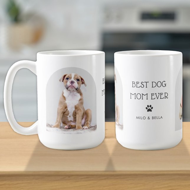 Best Dog Mom Ever 2 Photo Arch & Name Text 15 oz Coffee Mug (Creator Uploaded)