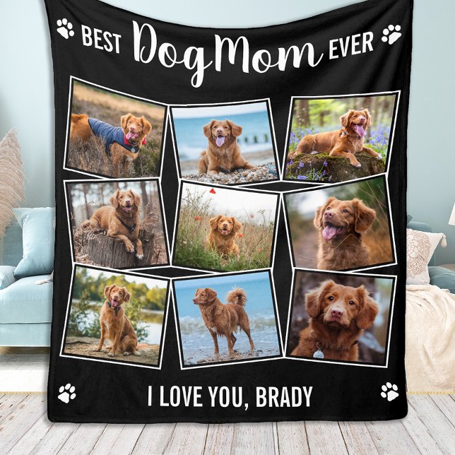Best Dog Mom Ever Black Photo Collage Fleece Blanket (Creator Uploaded)