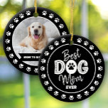 Best Dog Mom Ever Custom Photo Black White Type Ceramic Ornament<br><div class="desc">“Best Dog Mom Ever.” Every day is better with your best friend by your side. The front sports fun, white typography and handwritten white script with a playful border of white paw prints on a black circle. The back showcases your dog’s custom photo, their name and more paw prints. Surprise...</div>