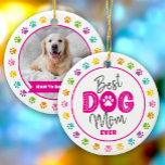 Best Dog Mom Ever Custom Photo Pink Type on White Ceramic Ornament<br><div class="desc">“Best Dog Mom Ever.” Every day is better with your best friend by your side. The front sports fun, hot pink typography and handwritten grey script with a playful border of multicolor purple, pink, orange, yellow, turquoise and green paw prints on a white circle. The back showcases your dog’s custom...</div>