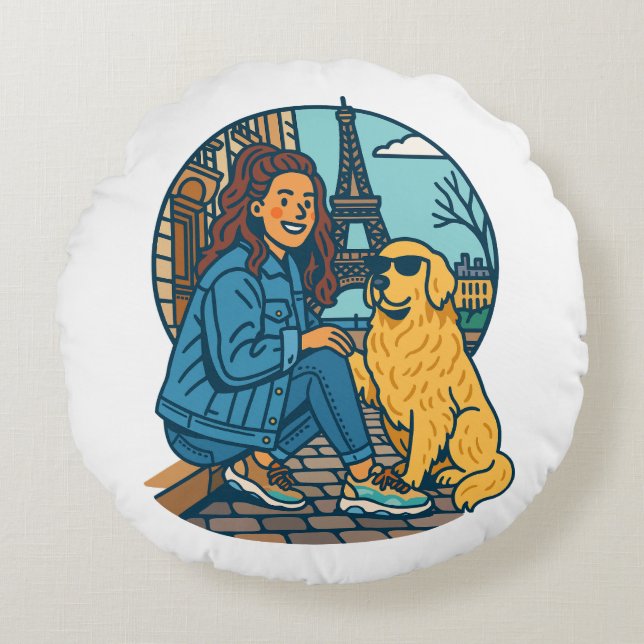 Best Dog Mom Ever in Paris Round Pillow (Front)