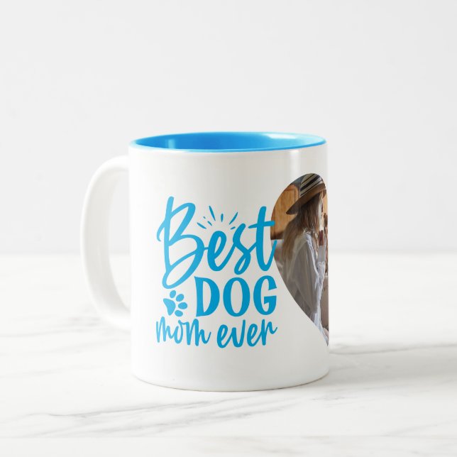 Best Dog Mom Ever Name Pet Photo Blue Two-Tone Coffee Mug (Front Left)