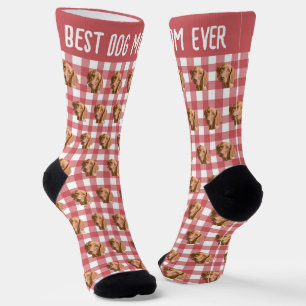 Best Dog Mom Ever Pet Photo on Red Gingham Plaid  Socks