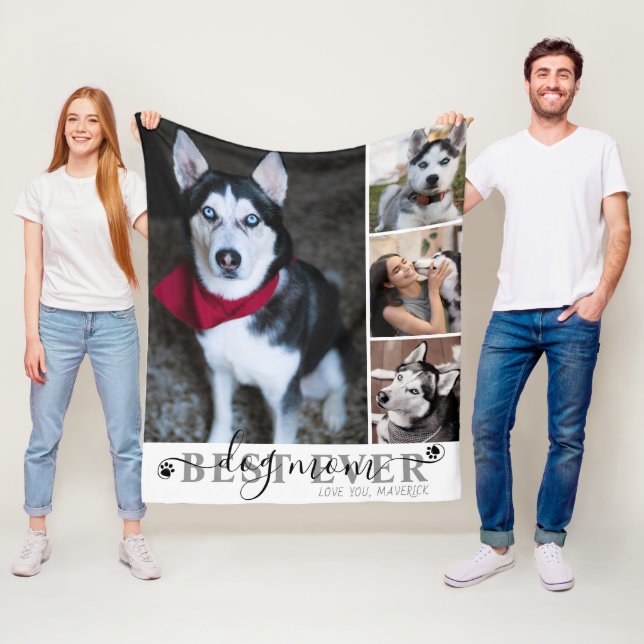 Best Dog Mom Ever Script 4 Photo Collage Pawprints Fleece Blanket (In Situ)