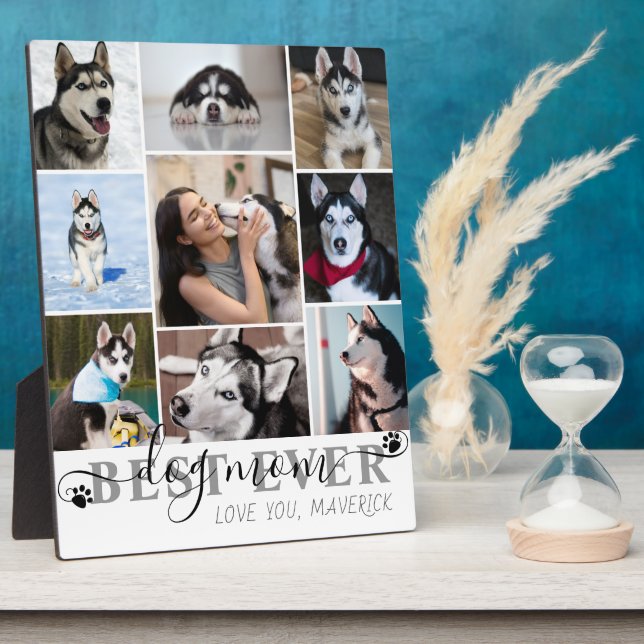 Best Dog Mom Ever Script 9 Photo Collage Paw Print Plaque (Side)