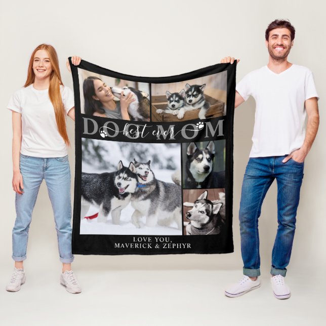 Best Dog Mom Ever Script Pawprints 5 Photo Black Fleece Blanket (In Situ)