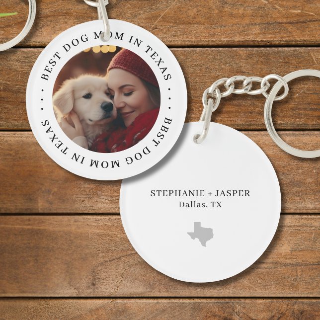 Best Dog Mom in Texas Personalized Photo Keychain (Personalize with photo, names, city.  Matching items available)
