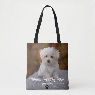 Best Dog Mom Paw Print Custom Pet Photo Tote Bag