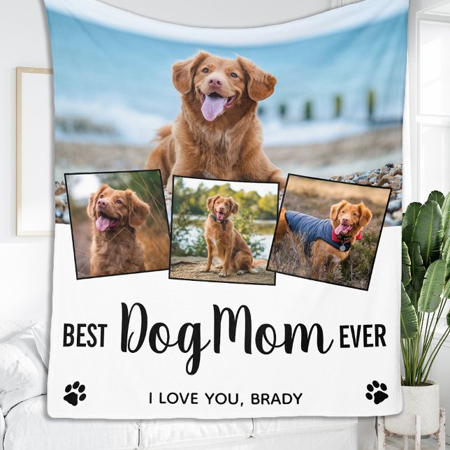 Best Dog Mom Personalized 4 Photo Collage Fleece Blanket (Creator Uploaded)
