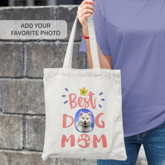 Best Dog Mom Pet Photo Paw Print Cute Pink Text Tote Bag