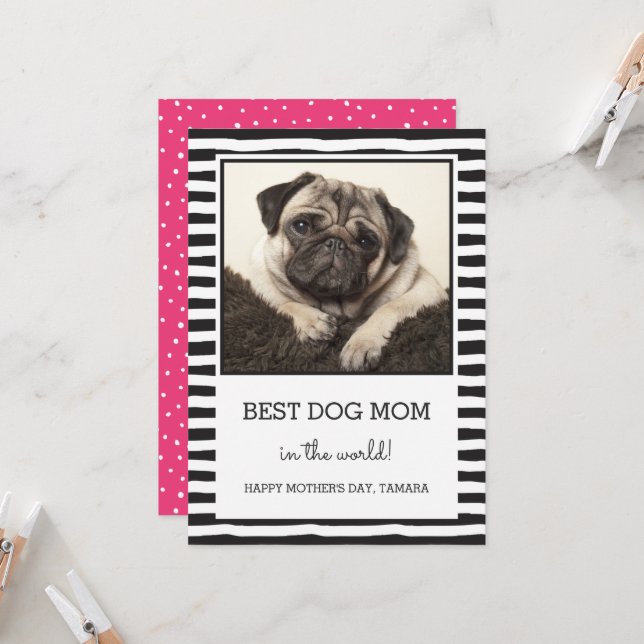 Best Dog Mom Striped | Black | Photo Mother's Day Card (Front/Back In Situ)