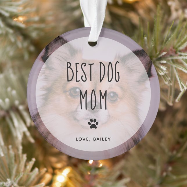Best Dog Mom | Two Photo Handwritten Text Ornament (Tree)