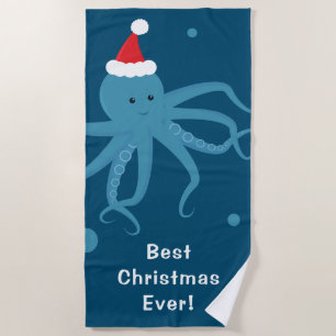 Best Ever Octopus Santa Blue Christmas Beach Towel