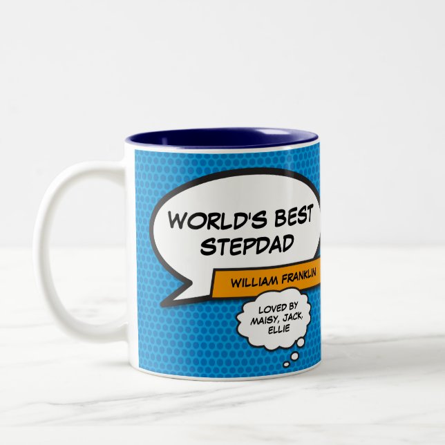 Best Ever Stepfather, Stepdad Fun Comic Book Blue Two-Tone Coffee Mug (Left)