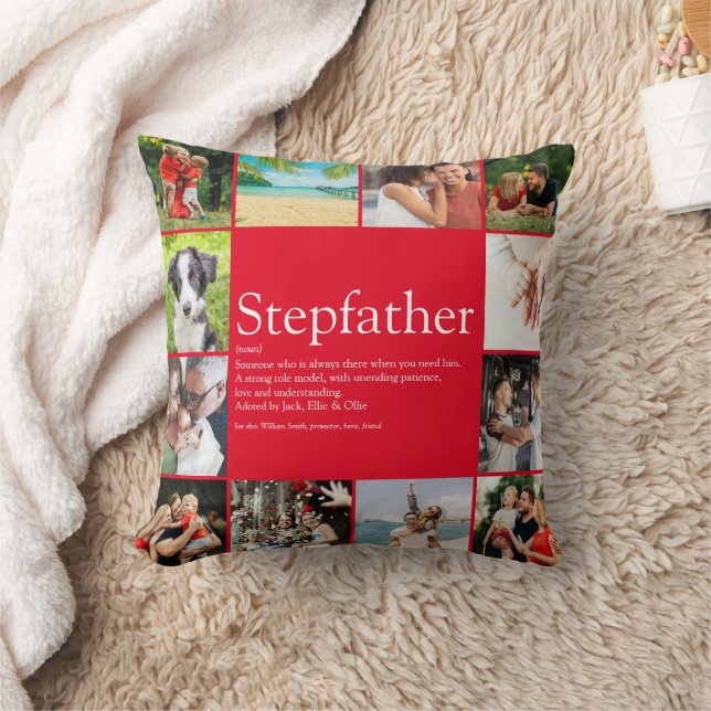 Best Ever Stepfather Stepdad Photo Collage Red Throw Pillow (Blanket)