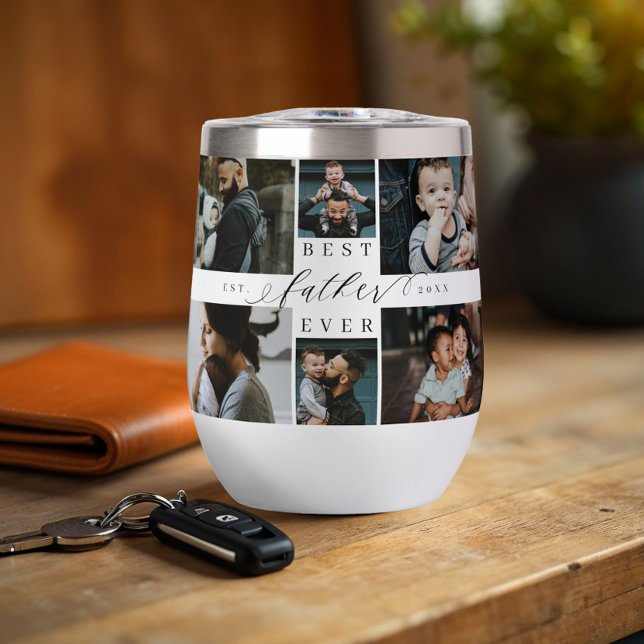 Best Father Ever Script Father's Day Photo Collage (Best Father Ever Script Father's Day Photo Collage Thermal Wine Tumbler)