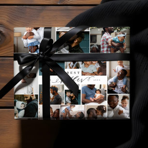 Best Father Ever Script Fathers Day Photo Collage Wrapping Paper Sheet