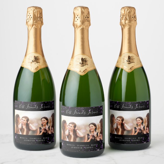 Best friend forever photo black purple glitter sparkling wine label (Bottles)