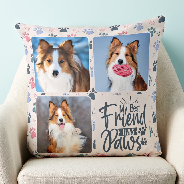 Best Friend Has Paws Custom 3 Photo Paw Print Dog  Throw Pillow (Creator Uploaded)