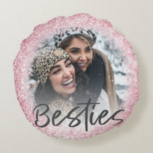 Best Friend Pink Girly Glitter Photo Round Pillow