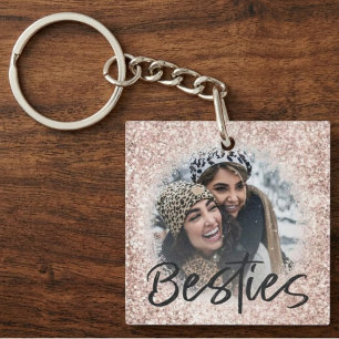 Best Friend Pink Glitter Bestie Photo Keepsake Keychain