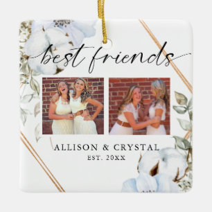 Best Friends 2 photo Collage Boho Floral Christmas Ceramic Ornament