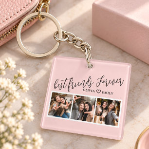 Best Friends 3 Photo Collage Keepsake Blush Pink Keychain