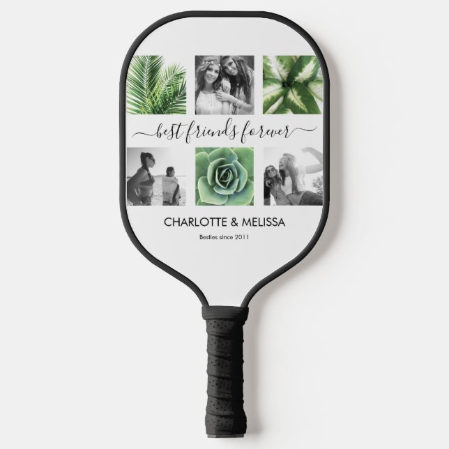 Best friends 6 Photo Collage White Script Pickleball Paddle (Front)