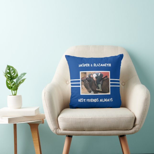 Best friends always horse photo deep blue white throw pillow (Chair)