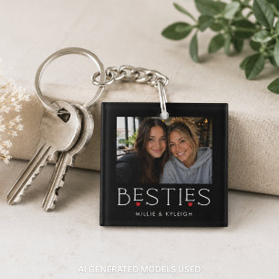 Best Friends Bestie Heart Typography Black Photo Keychain