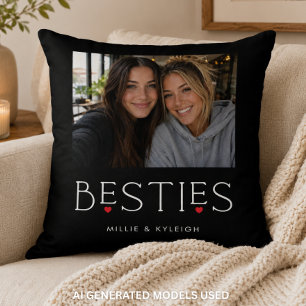 Best Friends Bestie Heart Typography Black Photo Throw Pillow
