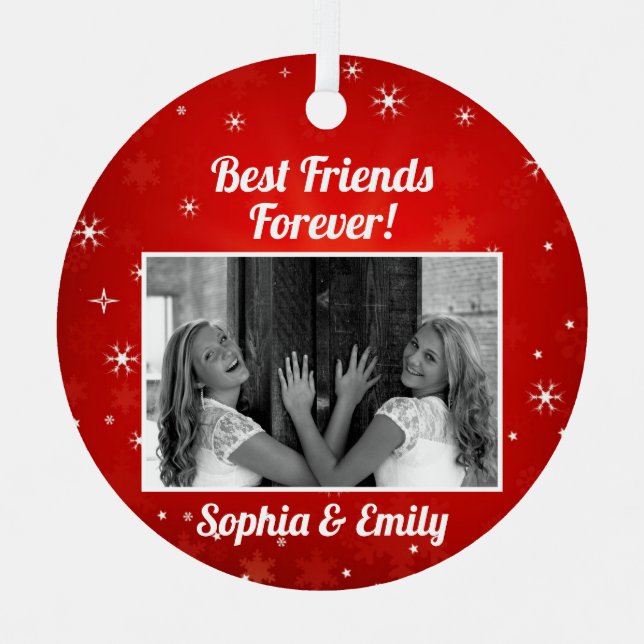 Best Friends Besties BFF Add Photo Names Cute Metal Ornament (Front)