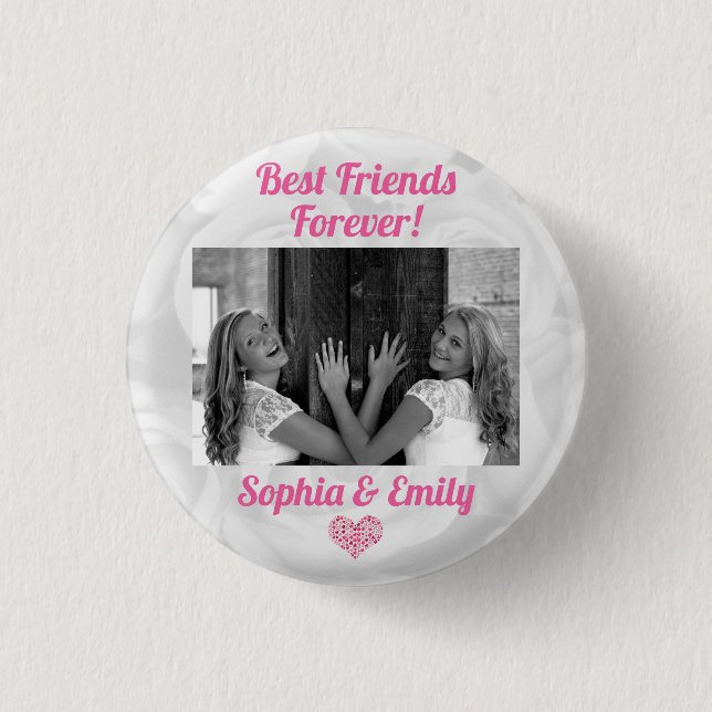 Best Friends Besties BFF Add Photo Names Cute Pink 1 Inch Round Button (Front)